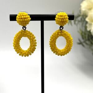 J. Crew Bright Yellow Beaded Hoop Drop Door Knocker Pierced Earrings